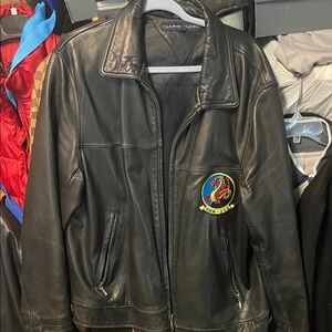 Tommy Hilfiger Black Leather Bomber Jacket with Patch